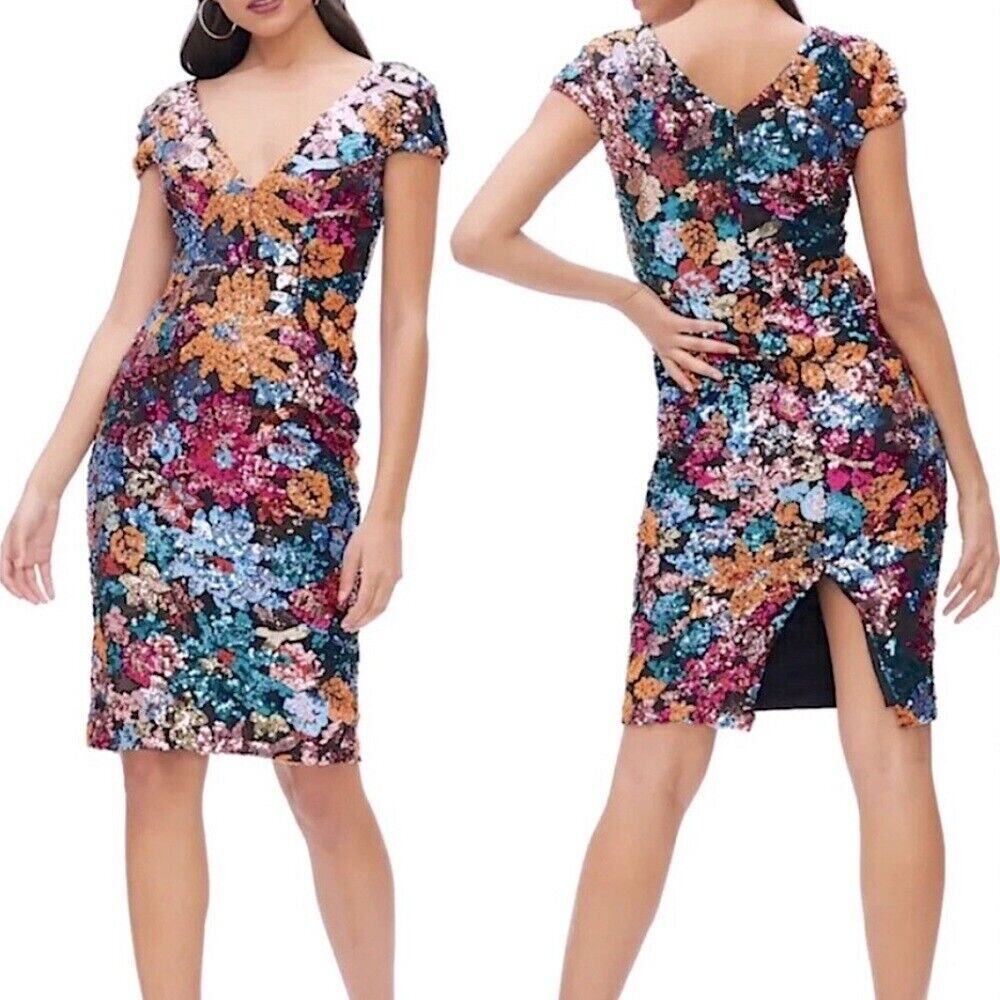 Dress the Population Allison Floral Sequin Sheath Cocktail Dress Tangelo